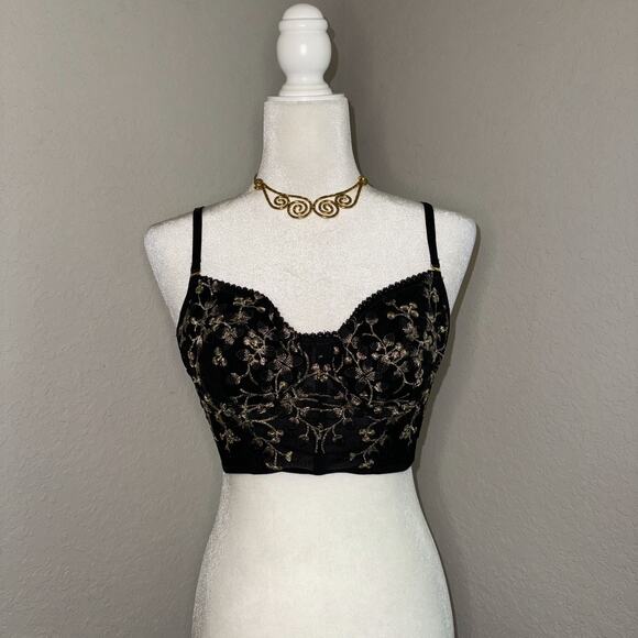Corset Top Women's Large Black Floral Embroidered Adjustable Straps Hook & Eye - Picture 1 of 8